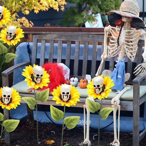 6 Pcs Halloween Artificial Sunflower Skull Flowers 23.6 Inch Skeleton Sunflower Stake Decorative Flower Plants Garden Decoration for Halloween Outdoor Indoor Home Garden Pathway Yard Decor in Kuwait