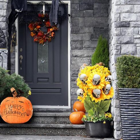 6 Pcs Halloween Artificial Sunflower Skull Flowers 23.6 Inch Skeleton Sunflower Stake Decorative Flower Plants Garden Decoration for Halloween Outdoor Indoor Home Garden Pathway Yard Decor in Kuwait
