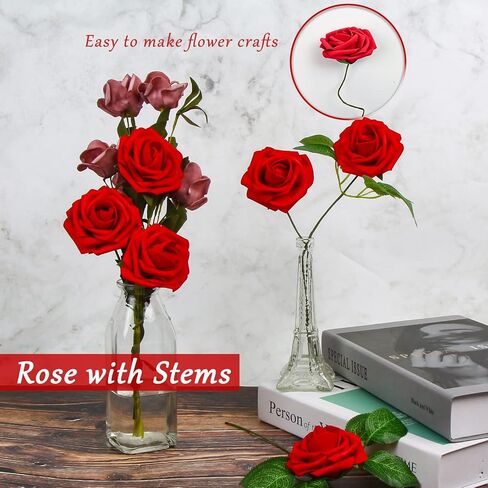 DERAYEE زهور الورود الاصطناعية، 30 قطعة زهور وهمية حمراء داكنة زهور صناعية DIY باقات وصيفات العروس الزفاف المركزية كعكة عيد الميلاد ديكورات المنزل in Kuwait