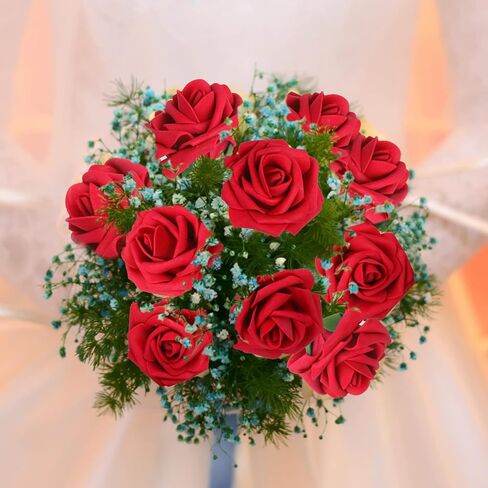 DERAYEE زهور الورود الاصطناعية، 30 قطعة زهور وهمية حمراء داكنة زهور صناعية DIY باقات وصيفات العروس الزفاف المركزية كعكة عيد الميلاد ديكورات المنزل in Kuwait