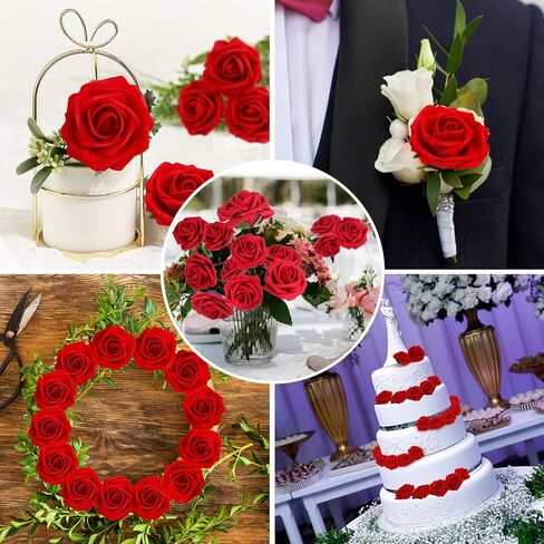 DERAYEE زهور الورود الاصطناعية، 30 قطعة زهور وهمية حمراء داكنة زهور صناعية DIY باقات وصيفات العروس الزفاف المركزية كعكة عيد الميلاد ديكورات المنزل in Kuwait