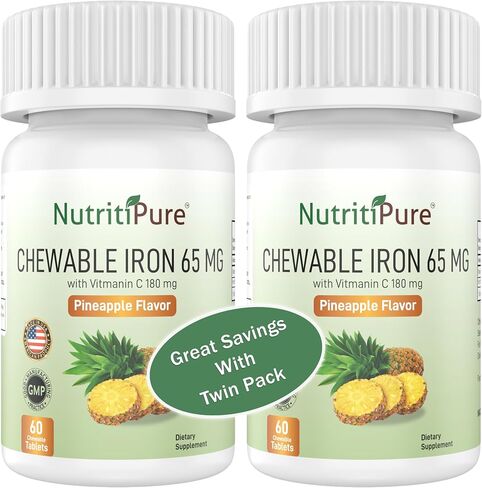 NutritiPure حديد قابل للمضغ 65 مجم مع فيتامين C 180 مجم - قرص بنكهة الأناناس 60 قطعة (1) in Kuwait