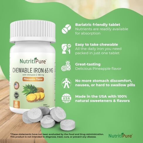 NutritiPure حديد قابل للمضغ 65 مجم مع فيتامين C 180 مجم - قرص بنكهة الأناناس 60 قطعة (1) in Kuwait