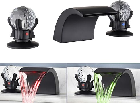 صنبور حوض حمام بإضاءة LED 3 فتحات، صنابير شلال 8 بوصة مع مقابض كريستال مزدوجة، صنبور خلاط حوض، صنبور شلال منتشر 3 ألوان متغيرة مع خرطوم إمداد، أسود غير لامع in Saudi Arabia