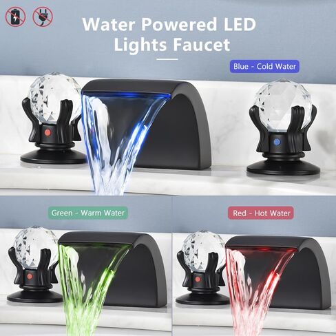 صنبور حوض حمام بإضاءة LED 3 فتحات، صنابير شلال 8 بوصة مع مقابض كريستال مزدوجة، صنبور خلاط حوض، صنبور شلال منتشر 3 ألوان متغيرة مع خرطوم إمداد، أسود غير لامع in Saudi Arabia
