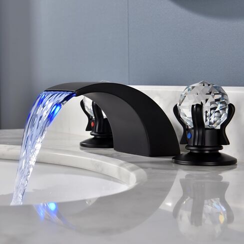 صنبور حوض حمام بإضاءة LED 3 فتحات، صنابير شلال 8 بوصة مع مقابض كريستال مزدوجة، صنبور خلاط حوض، صنبور شلال منتشر 3 ألوان متغيرة مع خرطوم إمداد، أسود غير لامع in Saudi Arabia