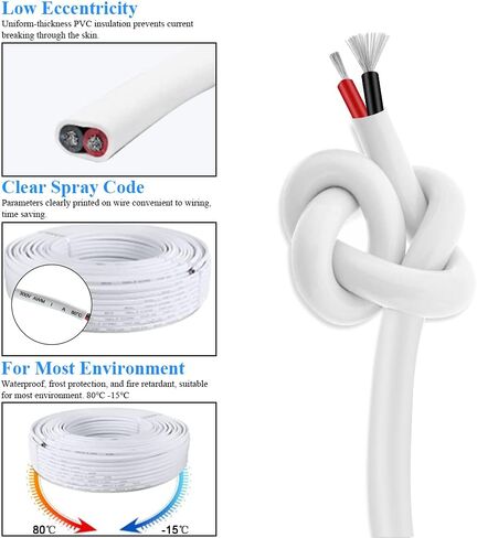 22 AWG Electrical Wire 66FT Hookup Cable White Jacketed 2 Conductor Wire 3.5mm Dia Tinned Copper with Flexible PVC Insulated Wire Extension Cord for Home, LED Strip, Lamp with 1 Free Wire Stripper in Kuwait
