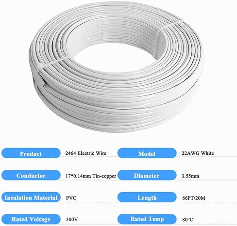 22 AWG Electrical Wire 66FT Hookup Cable White Jacketed 2 Conductor Wire 3.5mm Dia Tinned Copper with Flexible PVC Insulated Wire Extension Cord for Home, LED Strip, Lamp with 1 Free Wire Stripper in Kuwait