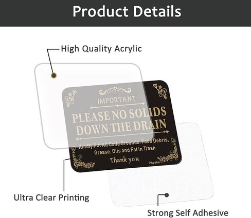 4 PCS Please No Solids Down The Drain Sign, 5" x 4" Thick Acrylic Self-Adhesive Laundry Room Sign, Airbnb Essentials For Hosts, Ideal for Rental Home，Restaurants, Bars, Hotels, and Airbnb, Easy to Install in Kuwait