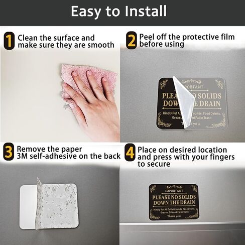 4 PCS Please No Solids Down The Drain Sign, 5" x 4" Thick Acrylic Self-Adhesive Laundry Room Sign, Airbnb Essentials For Hosts, Ideal for Rental Home，Restaurants, Bars, Hotels, and Airbnb, Easy to Install in Kuwait
