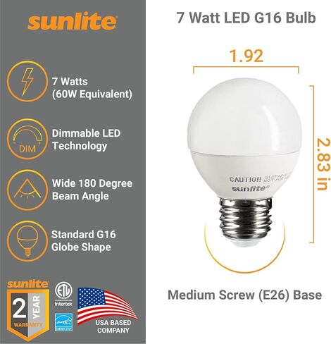 Sunlite G16 LED Dimmable Decorative Globe Vanity Light Bulbs, Clear, 7W (60W Equiv.), 500 Lumens, Medium E26 Base, Mirror Lights for Bedroom and Bathroom, 120V, ETL Listed, 2700K Soft White, 3 Pack in Kuwait