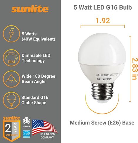 Sunlite G16 LED Dimmable Decorative Globe Vanity Light Bulbs, Clear, 7W (60W Equiv.), 500 Lumens, Medium E26 Base, Mirror Lights for Bedroom and Bathroom, 120V, ETL Listed, 2700K Soft White, 3 Pack in Kuwait