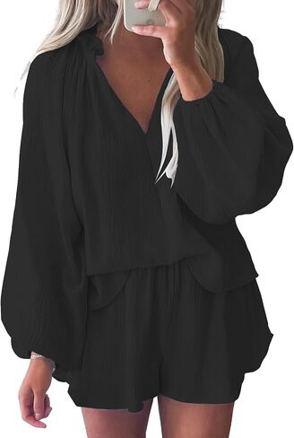 Bonnorth Womens Lantern Long Sleeve 2 Piece Outfits Sets V Neck Casual Textured Top and Shorts Loungewear with Pockets in Kuwait