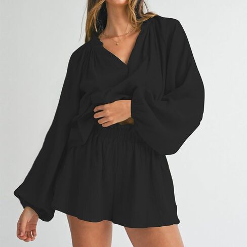Bonnorth Womens Lantern Long Sleeve 2 Piece Outfits Sets V Neck Casual Textured Top and Shorts Loungewear with Pockets in Kuwait