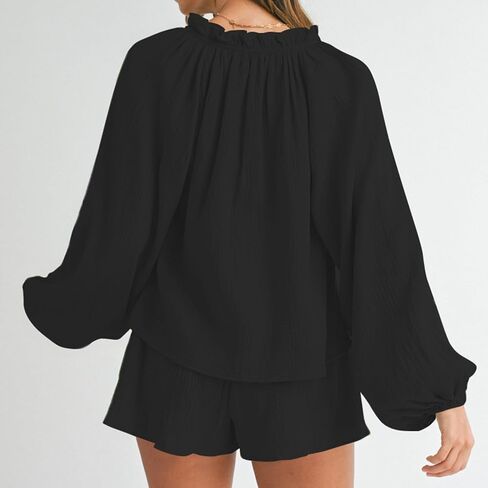 Bonnorth Womens Lantern Long Sleeve 2 Piece Outfits Sets V Neck Casual Textured Top and Shorts Loungewear with Pockets in Kuwait