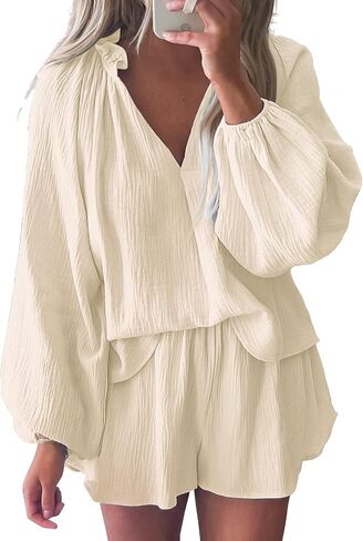 Bonnorth Womens Lantern Long Sleeve 2 Piece Outfits Sets V Neck Casual Textured Top and Shorts Loungewear with Pockets in Kuwait