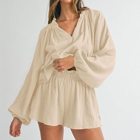 Bonnorth Womens Lantern Long Sleeve 2 Piece Outfits Sets V Neck Casual Textured Top and Shorts Loungewear with Pockets in Kuwait