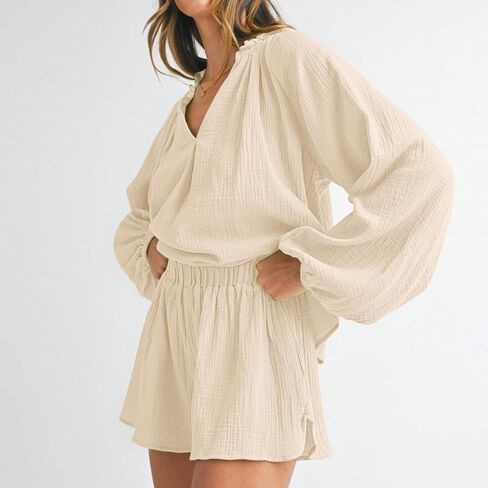 Bonnorth Womens Lantern Long Sleeve 2 Piece Outfits Sets V Neck Casual Textured Top and Shorts Loungewear with Pockets in Kuwait