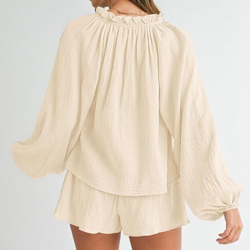 Bonnorth Womens Lantern Long Sleeve 2 Piece Outfits Sets V Neck Casual Textured Top and Shorts Loungewear with Pockets in Kuwait