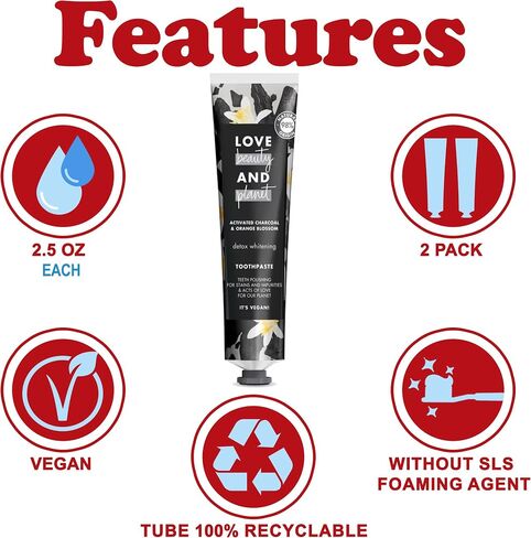 Love Beauty and Planet Whitening Toothpaste, 2 Pack Detox Whitening, Activated Charcoal and Orange Blossom Toothpaste, Adult Natural Vegan Toothpaste, Travel Size 2.5 oz. Each in Saudi Arabia