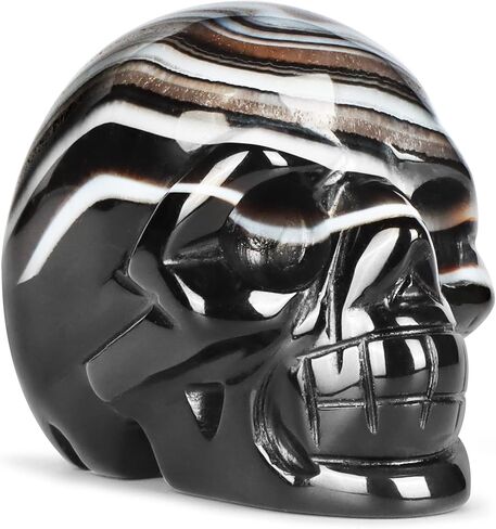 Black Banded Agate Crystal Skull Statue 2" Crystal Stone Skull Head Statues for Halloween Decor Gemstone Carving Human Skull Figurines Skull Gift for Women Men Decorative Crafts Home Decor in Saudi Arabia
