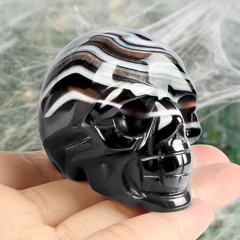 Black Banded Agate Crystal Skull Statue 2" Crystal Stone Skull Head Statues for Halloween Decor Gemstone Carving Human Skull Figurines Skull Gift for Women Men Decorative Crafts Home Decor in Saudi Arabia