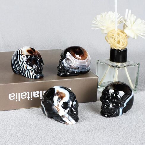 Black Banded Agate Crystal Skull Statue 2" Crystal Stone Skull Head Statues for Halloween Decor Gemstone Carving Human Skull Figurines Skull Gift for Women Men Decorative Crafts Home Decor in Saudi Arabia