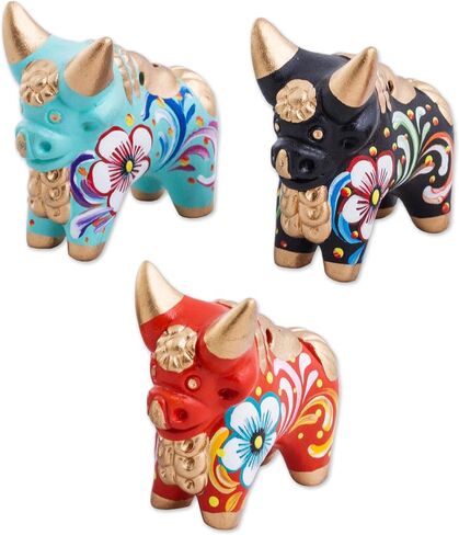NOVICA Artisan Handcrafted Ceramic Figurines Multicolor Set of Three Bull Peru Sculpture Animal Themed Cultural [ 2in H x 2in W x 1.2in D] ' Little Pucara Bulls' Set of 3 in Saudi Arabia