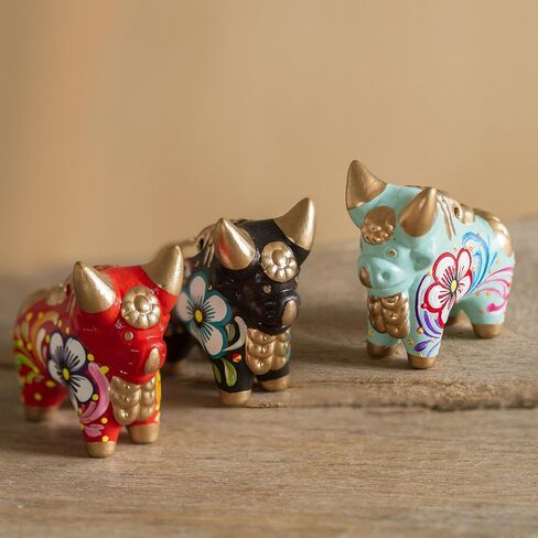 NOVICA Artisan Handcrafted Ceramic Figurines Multicolor Set of Three Bull Peru Sculpture Animal Themed Cultural [ 2in H x 2in W x 1.2in D] ' Little Pucara Bulls' Set of 3 in Saudi Arabia