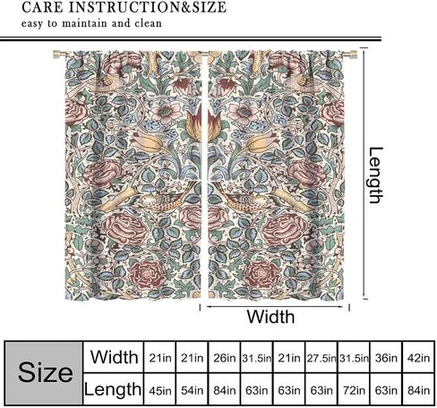 William Morris Style Curtains for Home Décor,Vintage Flower Birds Medieval Abstract Floral Window Treatments for Bedroom Living Room Kitchen Rustic Art Drapes 2 Panels Set,Total Size 42" x 45" in Kuwait