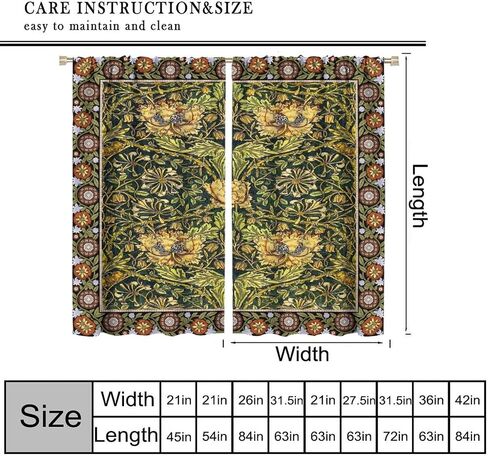 William Morris Style Curtains for Home Décor,Vintage Flower Birds Medieval Abstract Floral Window Treatments for Bedroom Living Room Kitchen Rustic Art Drapes 2 Panels Set,Total Size 42" x 45" in Kuwait