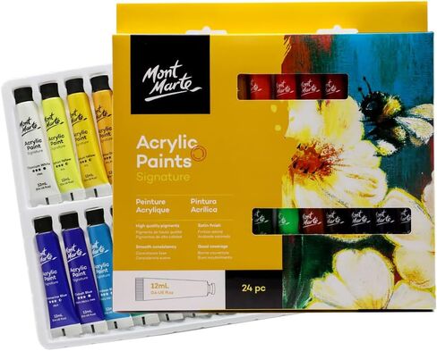 Mont Marte Acrylic Paint Set 24 Colours 12ml, Perfect for Canvas, Wood, Fabric, Leather, Cardboard, Paper, MDF and Crafts (24 Bright Colours 12 ML, 1 PACK) in Saudi Arabia
