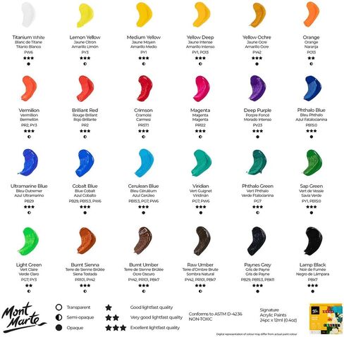 Mont Marte Acrylic Paint Set 24 Colours 12ml, Perfect for Canvas, Wood, Fabric, Leather, Cardboard, Paper, MDF and Crafts (24 Bright Colours 12 ML, 1 PACK) in Saudi Arabia