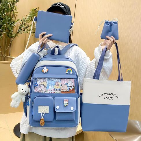 5PCS Kawaii Backpack Set for School Teen Girls,with 1 Plushies and Accessories Rucksack Aesthetic School Bags Cute Bookbag (Blue) in Saudi Arabia