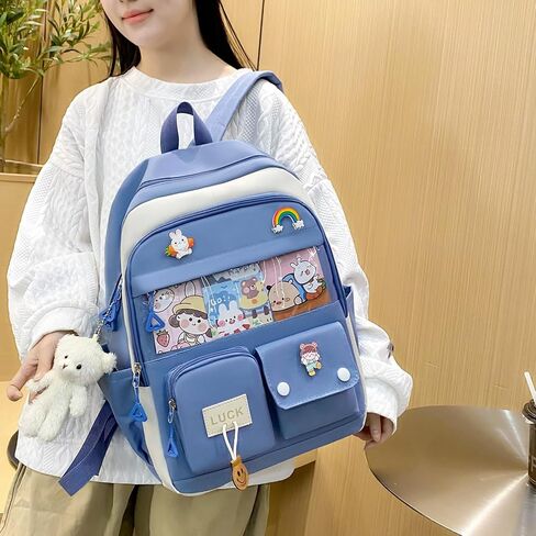 5PCS Kawaii Backpack Set for School Teen Girls,with 1 Plushies and Accessories Rucksack Aesthetic School Bags Cute Bookbag (Blue) in Saudi Arabia