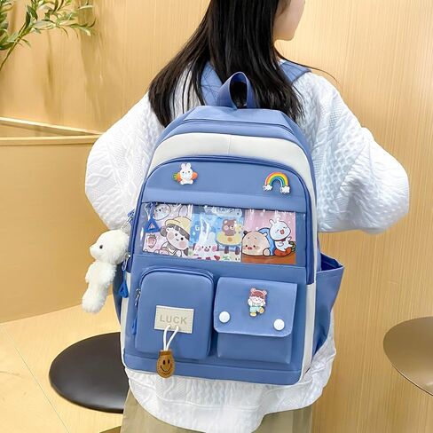 5PCS Kawaii Backpack Set for School Teen Girls,with 1 Plushies and Accessories Rucksack Aesthetic School Bags Cute Bookbag (Blue) in Saudi Arabia