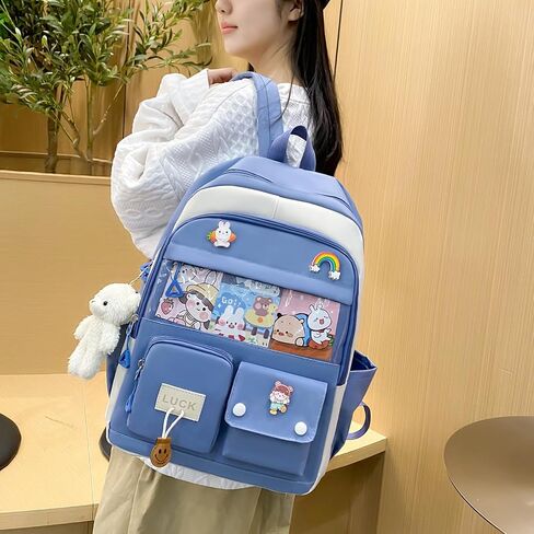 5PCS Kawaii Backpack Set for School Teen Girls,with 1 Plushies and Accessories Rucksack Aesthetic School Bags Cute Bookbag (Blue) in Saudi Arabia