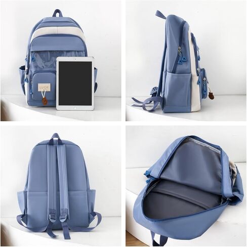 5PCS Kawaii Backpack Set for School Teen Girls,with 1 Plushies and Accessories Rucksack Aesthetic School Bags Cute Bookbag (Blue) in Saudi Arabia
