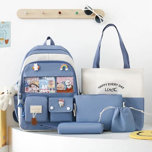 5PCS Kawaii Backpack Set for School Teen Girls,with 1 Plushies and Accessories Rucksack Aesthetic School Bags Cute Bookbag (Blue) in Saudi Arabia