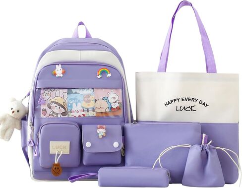 5PCS Kawaii Backpack Set for School Teen Girls,with 1 Plushies and Accessories Rucksack Aesthetic School Bags Cute Bookbag (Blue) in Saudi Arabia