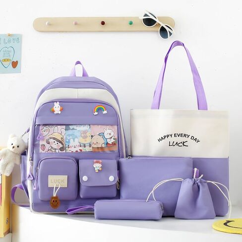 5PCS Kawaii Backpack Set for School Teen Girls,with 1 Plushies and Accessories Rucksack Aesthetic School Bags Cute Bookbag (Blue) in Saudi Arabia