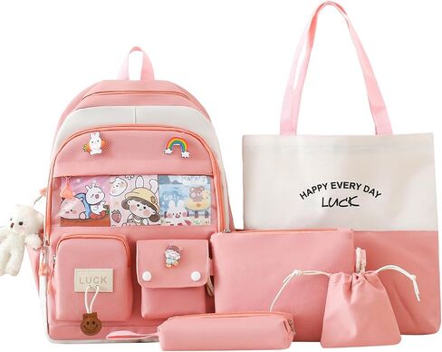 5PCS Kawaii Backpack Set for School Teen Girls,with 1 Plushies and Accessories Rucksack Aesthetic School Bags Cute Bookbag (Blue) in Saudi Arabia