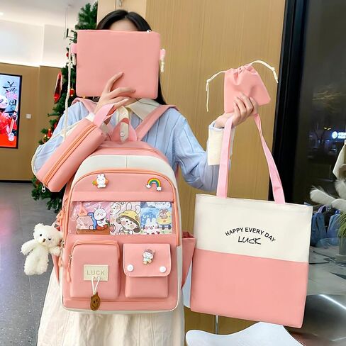 5PCS Kawaii Backpack Set for School Teen Girls,with 1 Plushies and Accessories Rucksack Aesthetic School Bags Cute Bookbag (Blue) in Saudi Arabia