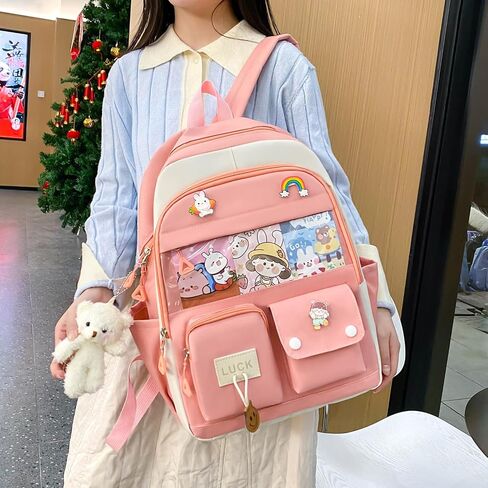 5PCS Kawaii Backpack Set for School Teen Girls,with 1 Plushies and Accessories Rucksack Aesthetic School Bags Cute Bookbag (Blue) in Saudi Arabia