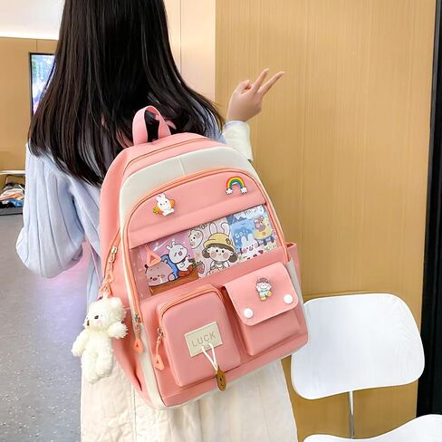5PCS Kawaii Backpack Set for School Teen Girls,with 1 Plushies and Accessories Rucksack Aesthetic School Bags Cute Bookbag (Blue) in Saudi Arabia