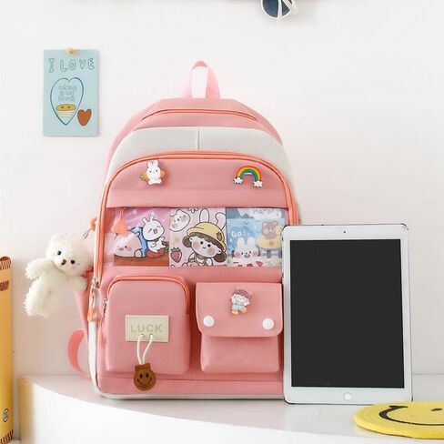 5PCS Kawaii Backpack Set for School Teen Girls,with 1 Plushies and Accessories Rucksack Aesthetic School Bags Cute Bookbag (Blue) in Saudi Arabia