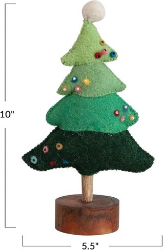 Creative Co-Op 5-1/2"L x 3" W x 10" H Handmade Wool Felt Tree w/Beads, Pom Pom & Wood Base, Multi Color in Saudi Arabia