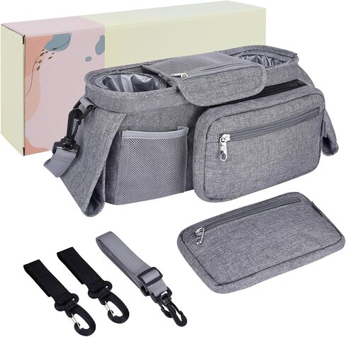 منظم عربة الأطفال من بيبيمور و4 قطع خطافات لعربة الأطفال وحقيبة تخزين للعربات التي تجرها الدواب مع جيب قابل للفصل وجيب للهاتف المحمول ومنظم للكرسي مع حزام كتف وحقيبة يد (أسود) in Kuwait