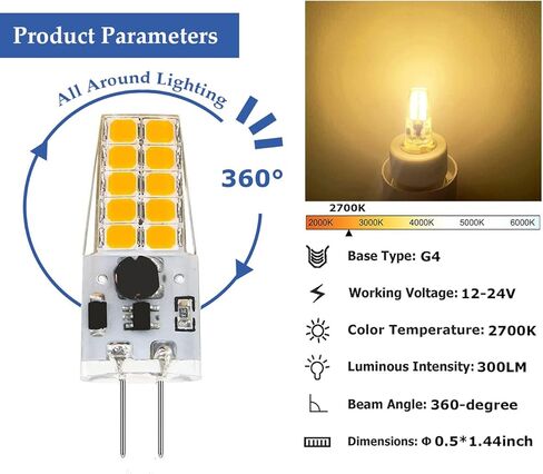 لمبة G4 LED قابلة للتعتيم 12 فولت 24 فولت JC، 20-30 وات T3 G4 مكافئ هالوجين، 2700 كلفن أبيض دافئ، قاعدة G4 ثنائية الدبوس، 300 لومن، إضاءة الثريا/إضاءة المناظر الطبيعية/إضاءة الميكروويف 10 قطع in Saudi Arabia