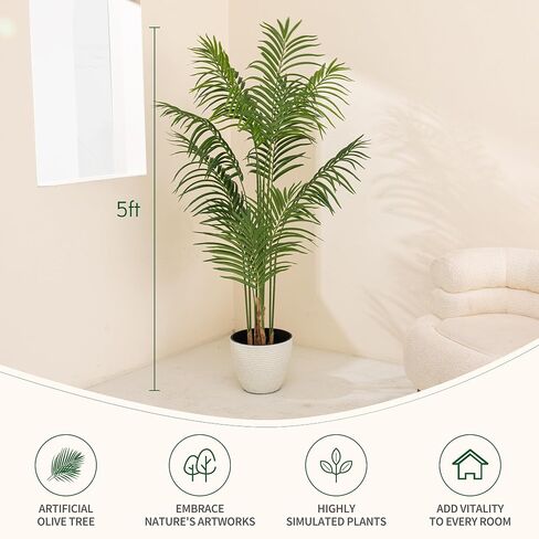 Artificial Areca Palm Tree 5FT Tall Fake Tropical Plants, Realistic Palm Fronds and Trunks, 60" Dypsis Lutescens Trees for Home Garden Indoor Outdoor Office Decor in Saudi Arabia
